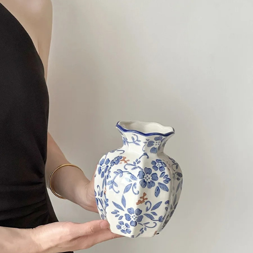 Blue White Porcelain Ceramic Vase Hand-Painted Floral Home Decor