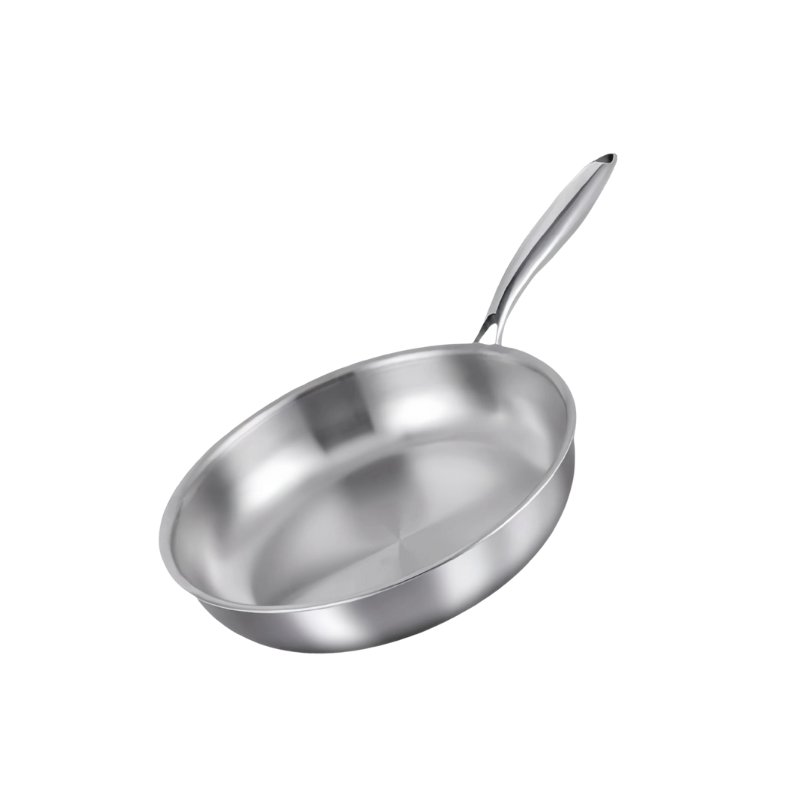 12 inch fry pan stainless steel shown searing steak on induction stovetop