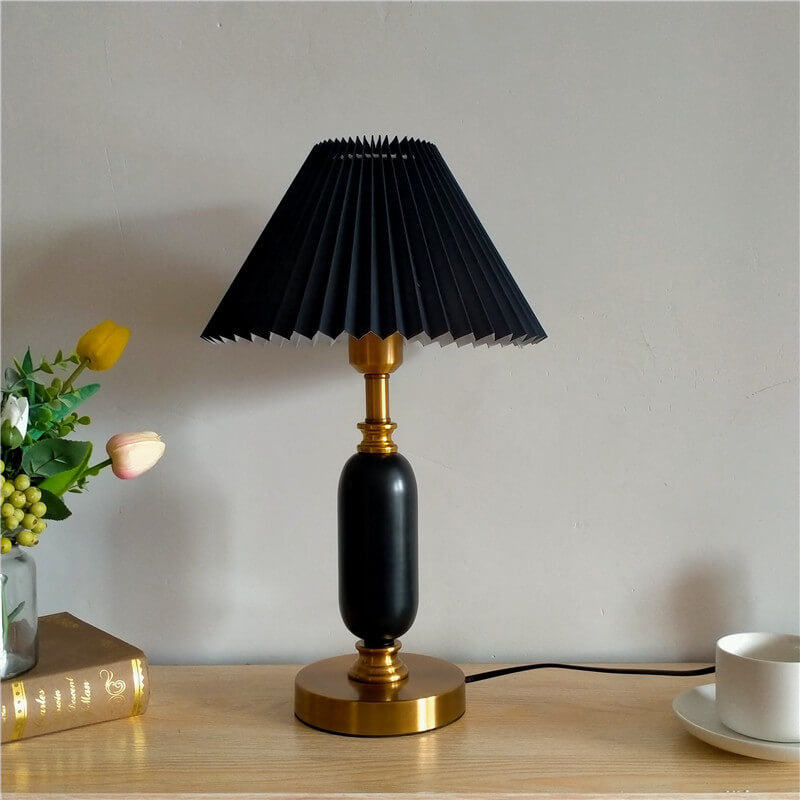 Pleated shade table lamp with white column body and brass round foot