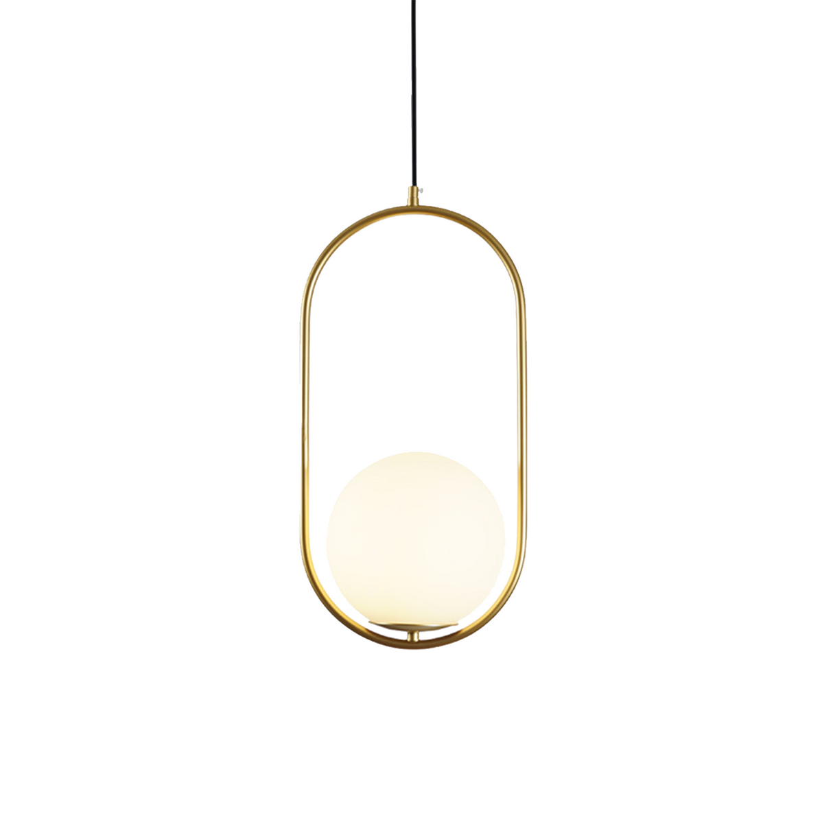 Gold oval frame opal glass globe pendant lit on a plain white studio background
