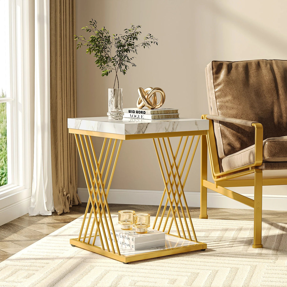 2 Tier Side Table – Tribesigns White Marble Square with Gold Frame - Hurbane Home