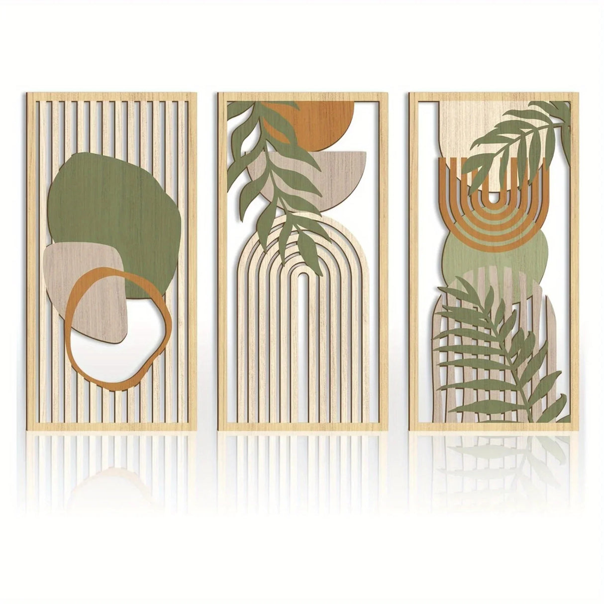 3 piece framed wall art set featuring abstract geometric wooden design