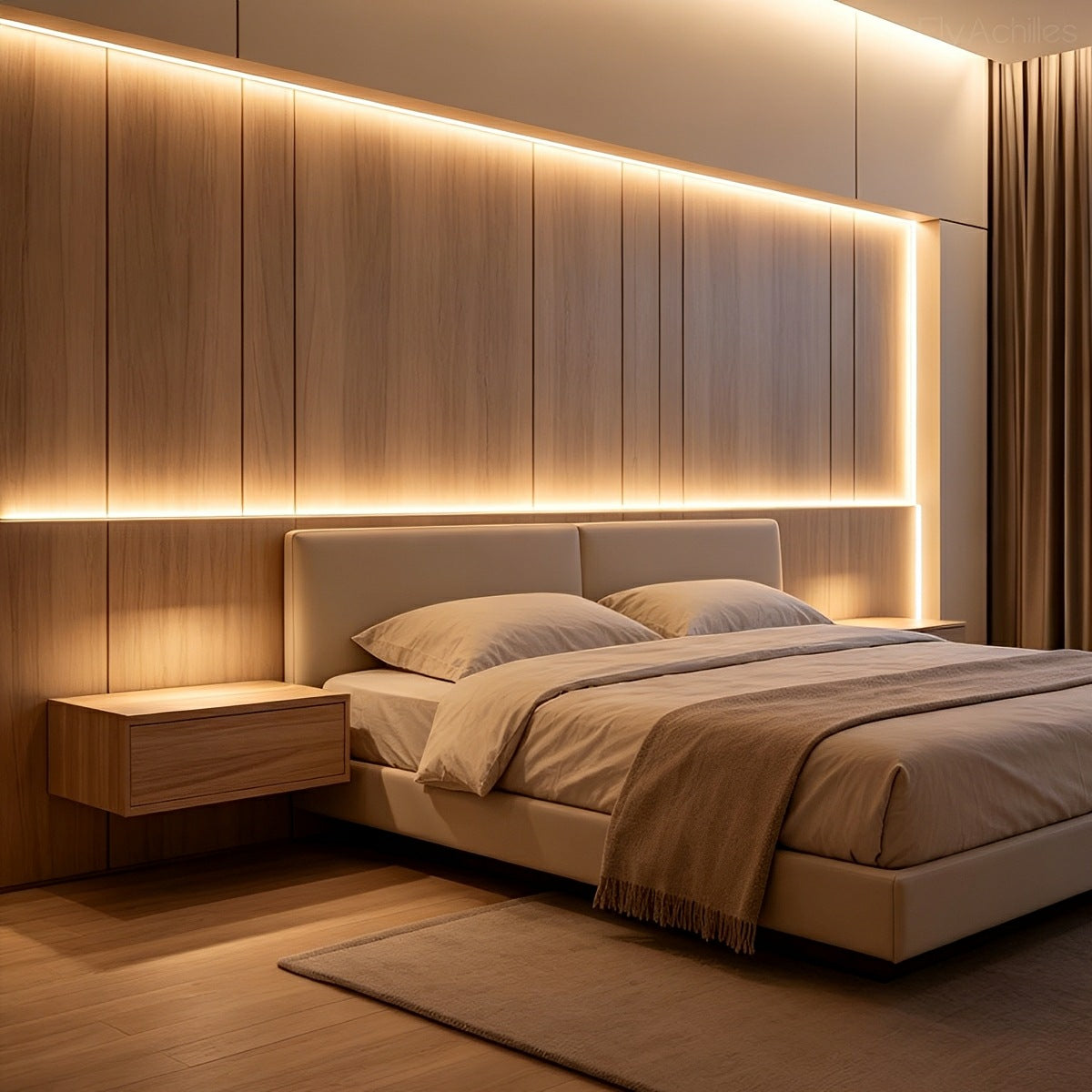 Panelled bedroom wall outlined by concealed warm strip lighting