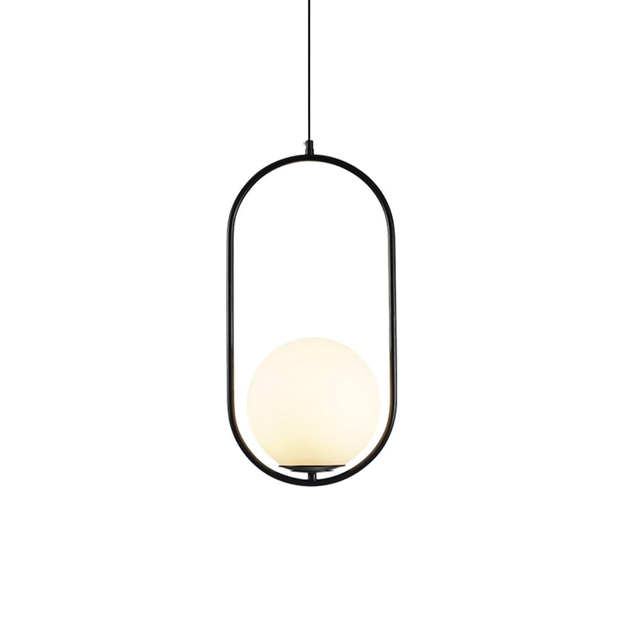 Black oval frame glass globe pendant shown on a plain white studio background