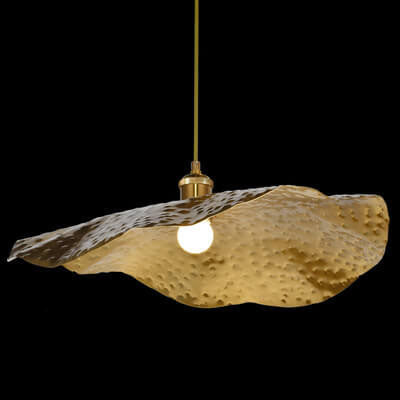 Underside of a wide gold lotus leaf pendant with exposed bulb