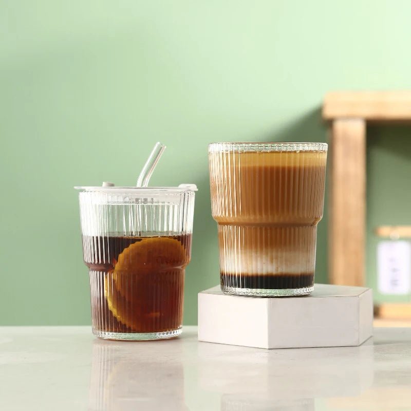 450ml Striped Glass Cup with Lid and Straw, Clear - Hurbane Home