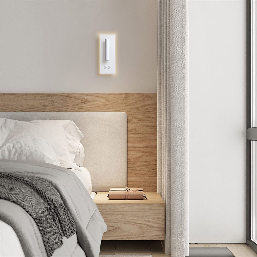 Modern bedside wall sconce mounted at shoulder height