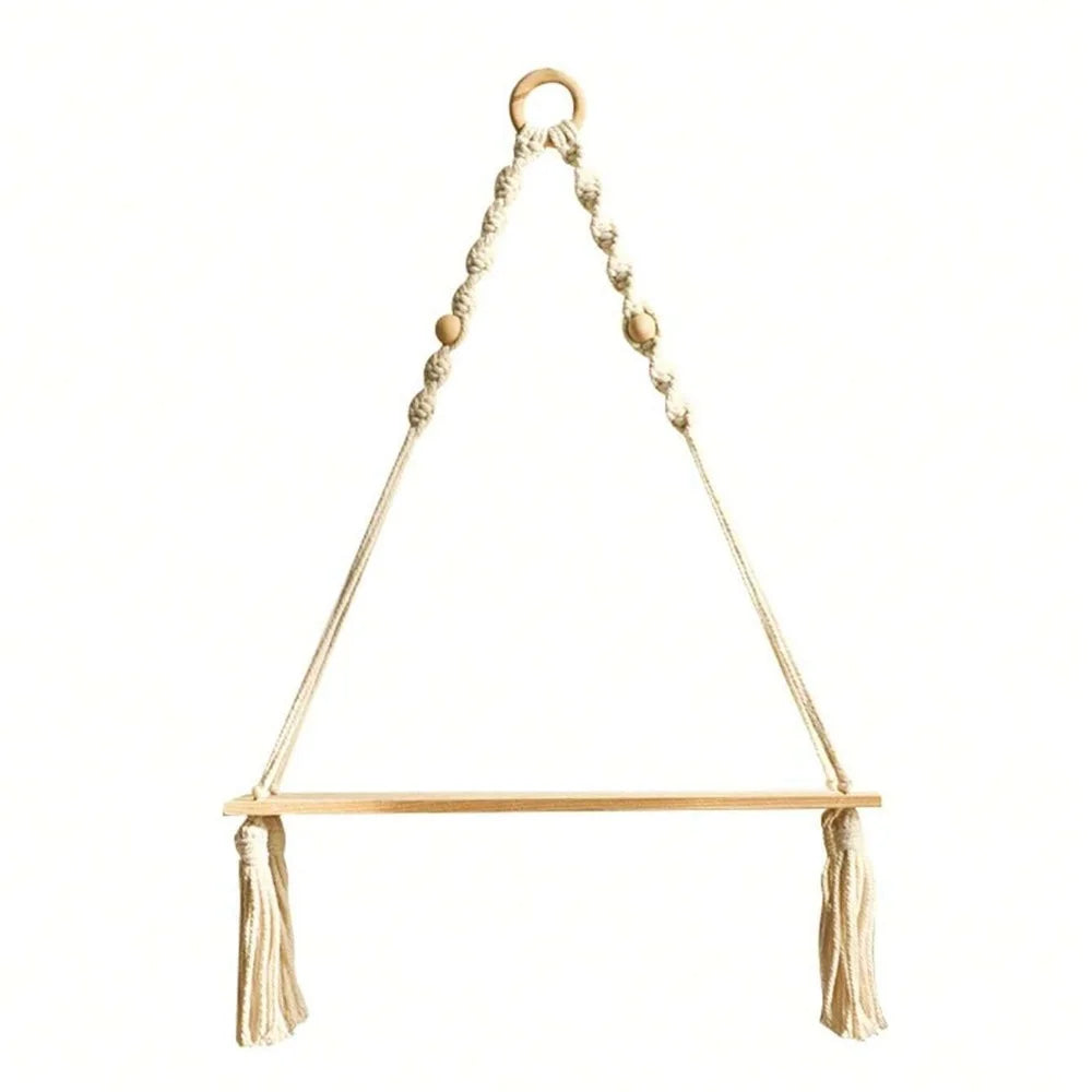 Boho Macrame Rustic Wood Floating Wall Shelf for Home