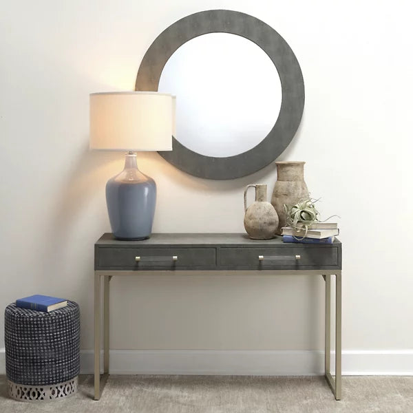 Kain Ivory Faux Shagreen Console Table with Metal Base and Drawers