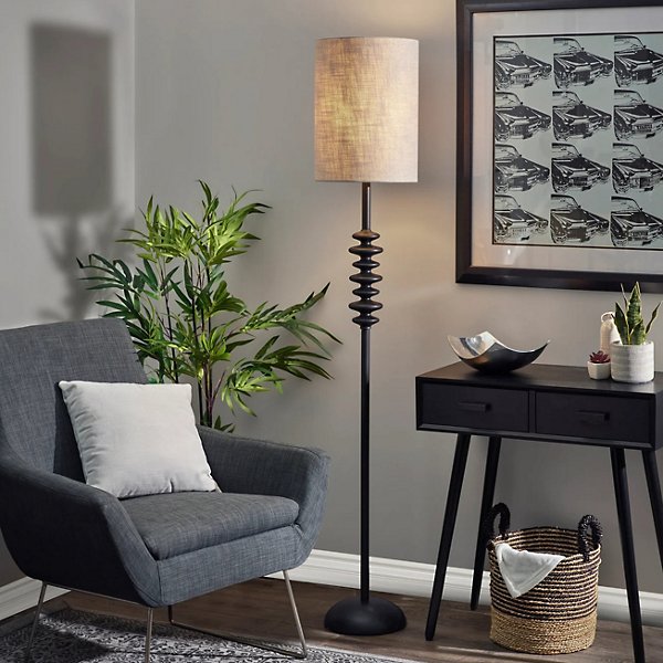 Beatrice Matte Black Floor Lamp with Textured Drum Shade