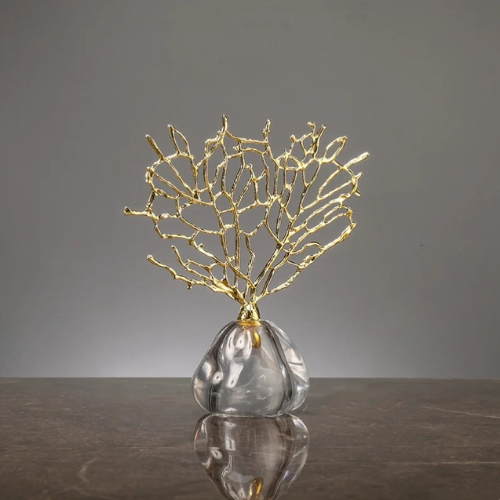 Crystal Coral Metal Tree Vase with Hollow Glass Frame Decor