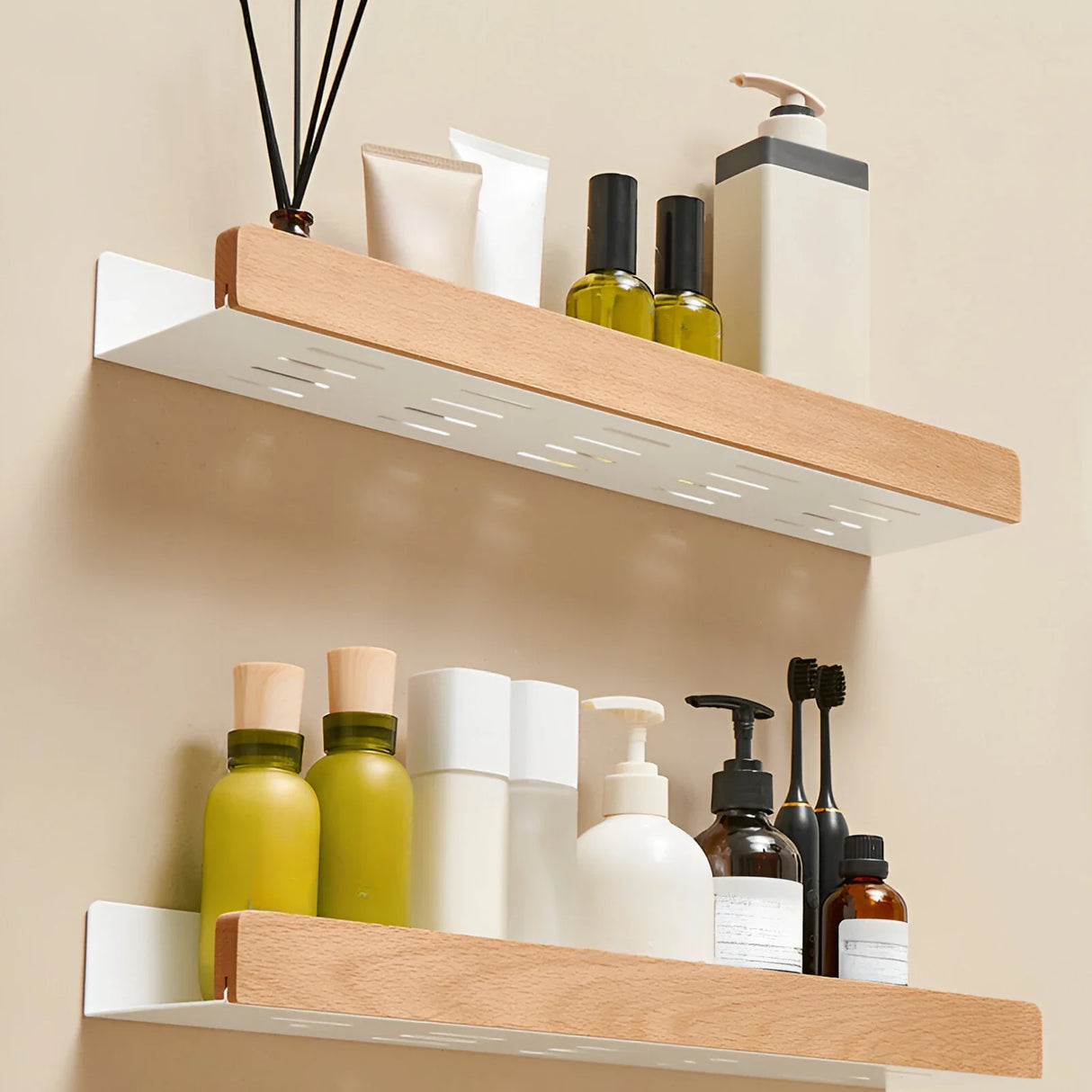 Beech Wood Wall Bathroom Shelf with Aluminum Rail, No-Drill