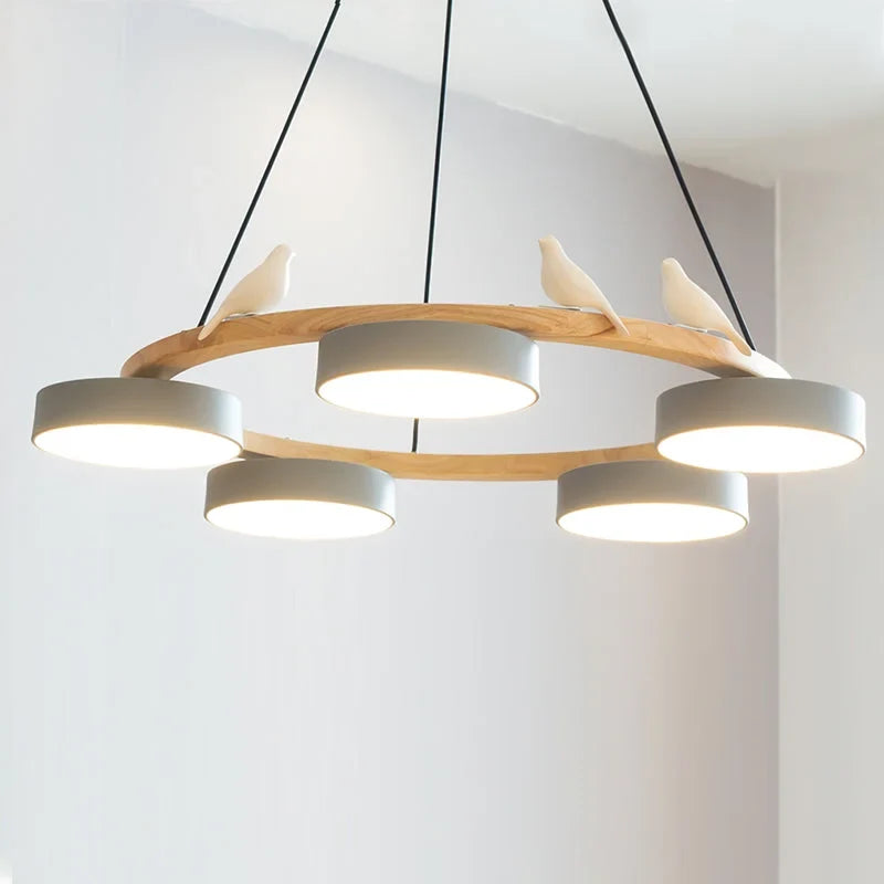 Cadmus Macarons Bird Wood Round Chandelier Modern Fixture