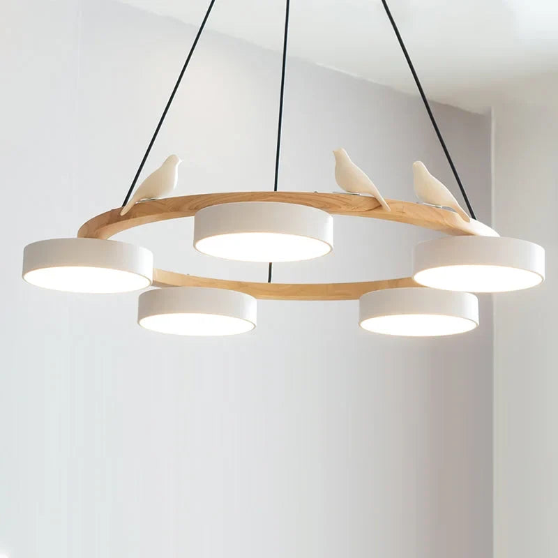 Cadmus Macarons Bird Wood Round Chandelier Modern Fixture