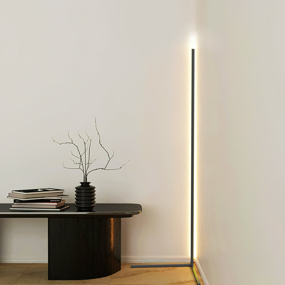 Black corner floor lamp beside a dark console table holding books and a branch vase