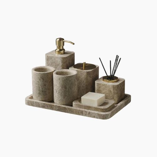 Emperador Light Marble Bathroom Accessories Set - Natural Vanity Tray and Soap Dish