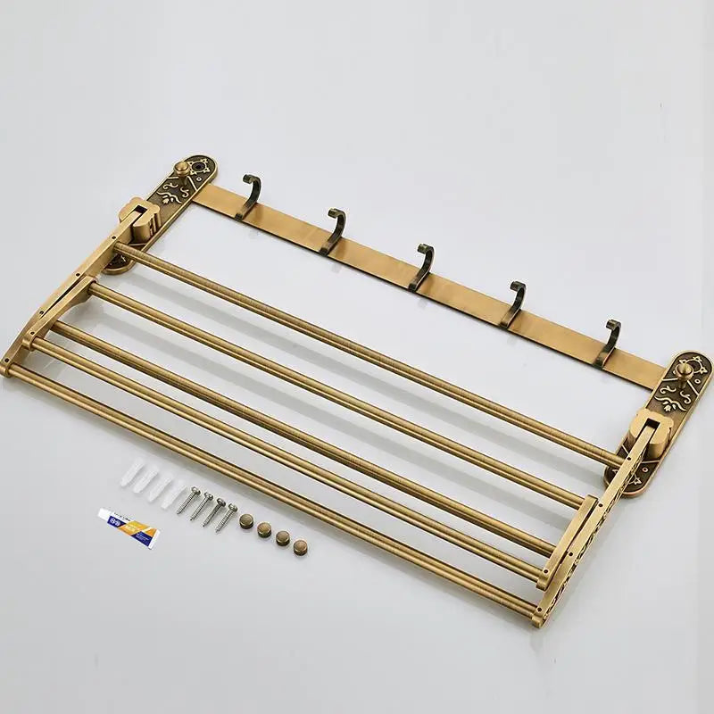 Antique Brass Aluminum Foldable Double Towel Rack with Hooks