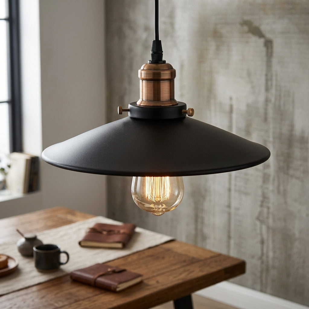 Vintage Industrial Pendant Light Black Cone Shade Brass Socket
