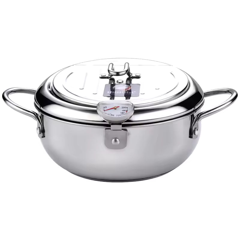 Japanese Deep Frying Pot with Thermometer - Stainless Steel Tempura Fryer Pan