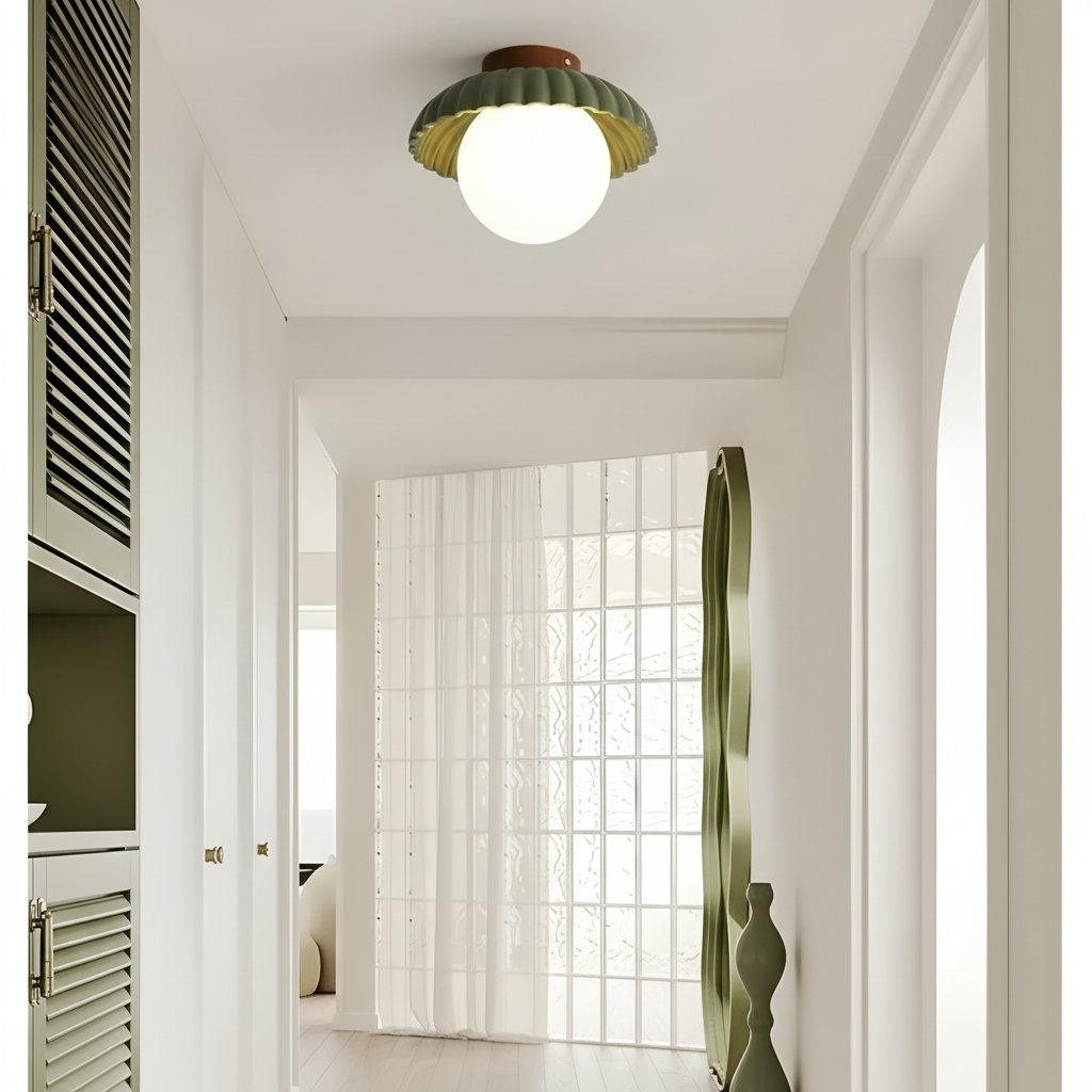 Side profile of the compact ceiling light with opal glass globe