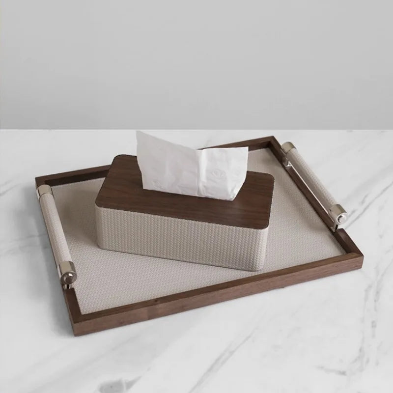 Luxury Walnut Leather Organizer Storage Tray for Makeup and Kitchen