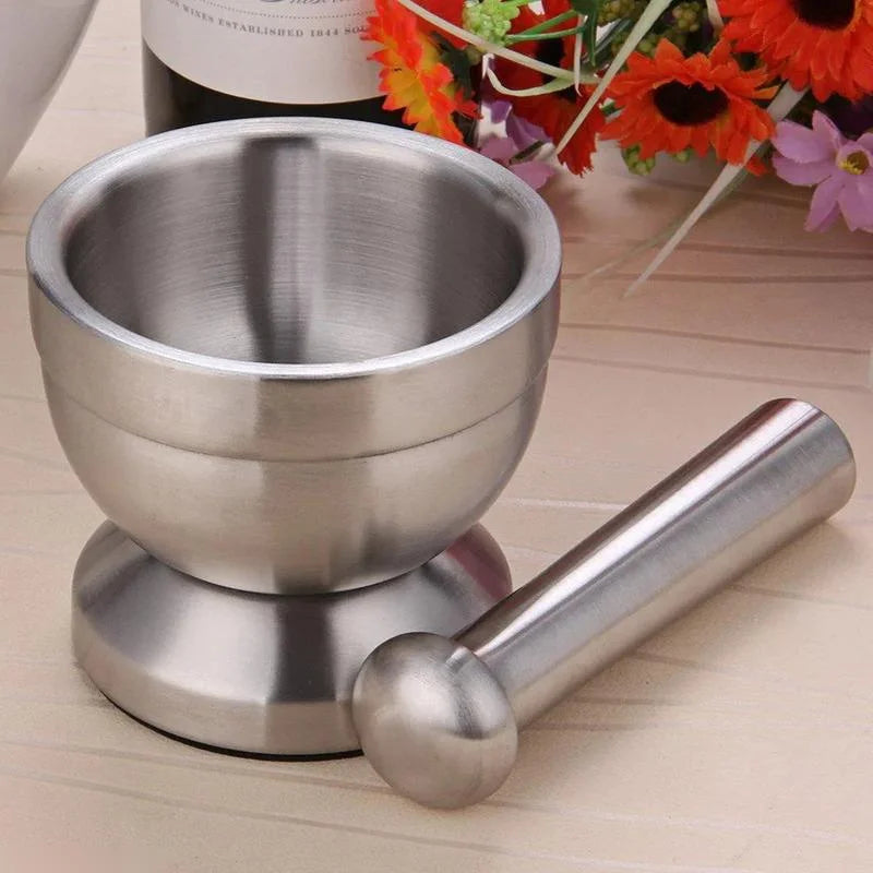 Mini Double Stainless Steel Mortar Pestle Grinder with Antiskid Base