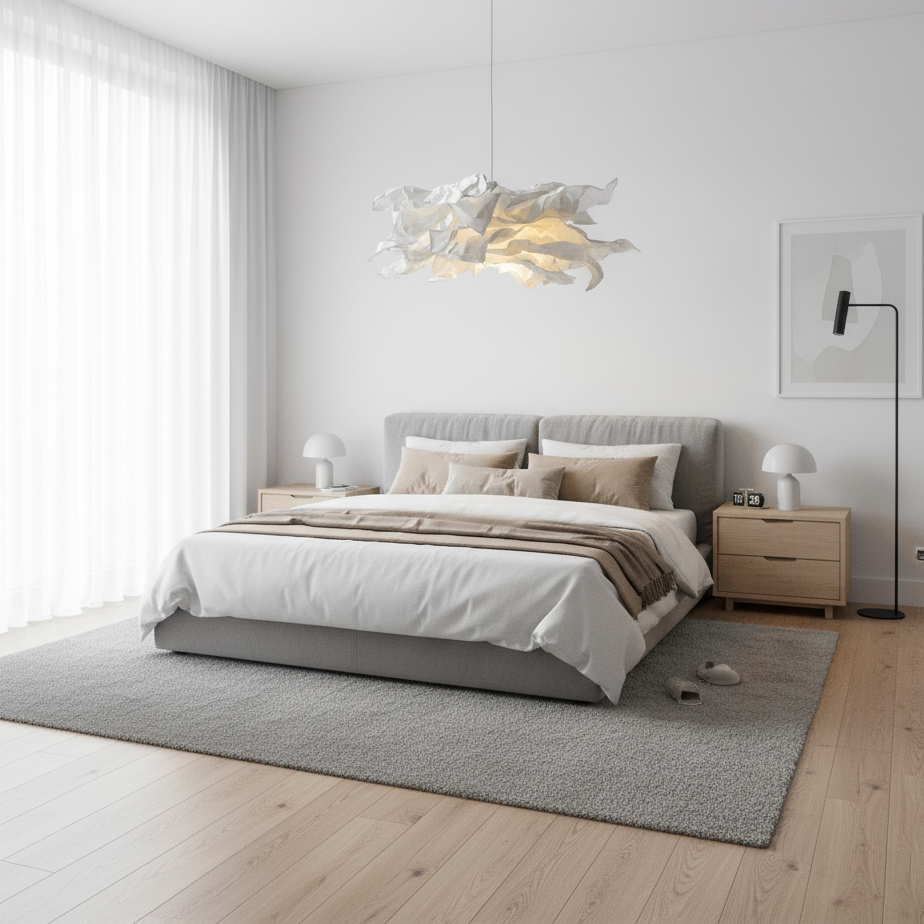 Paper pendant light beside a made bed in a white bedroom with oak floor
