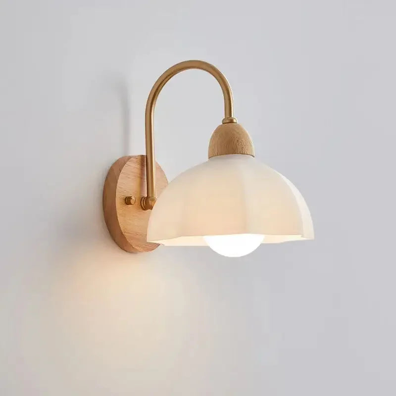 Japanese Wooden Wall Sconce Lamp with Frosted Glass Shade