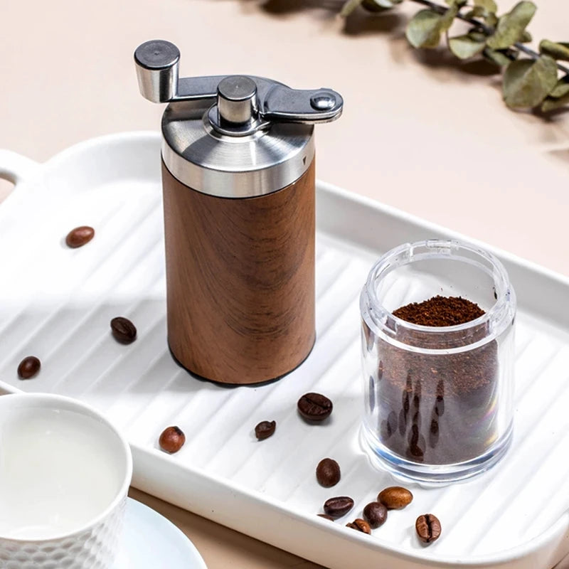 Portable Hand-Crank Coffee Grinder Wood Grain Stainless Steel Ceramic