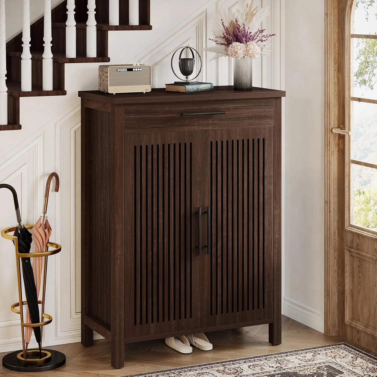Wooden Shoe Cabinet – 5 Tier Storage with Louvered Doors Drawer.