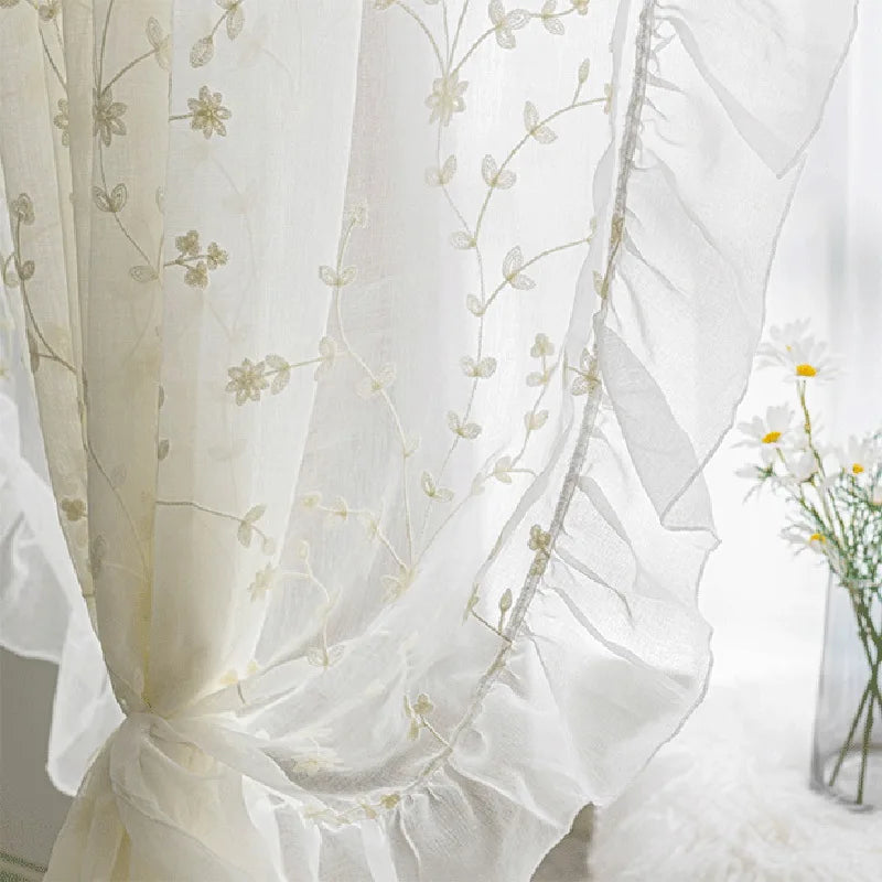 White Embroidered Floral Tulle Sheer Curtains Linen Ruffle Design
