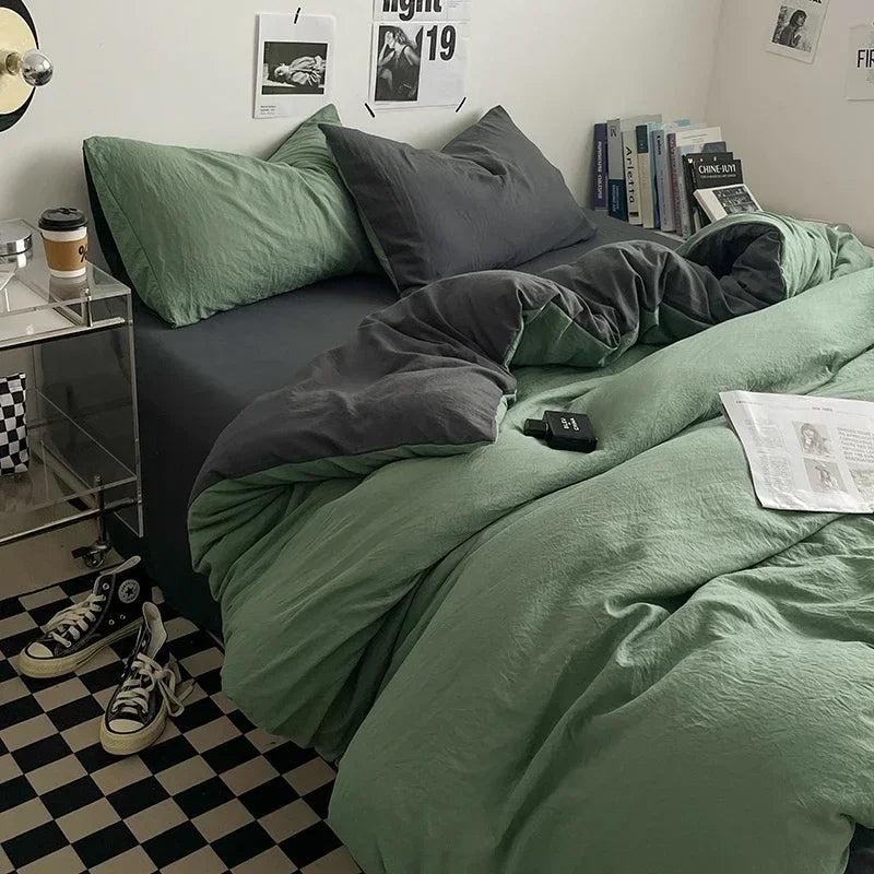 Washed Cotton Duvet Cover Set with Flat Sheet Pillowcases