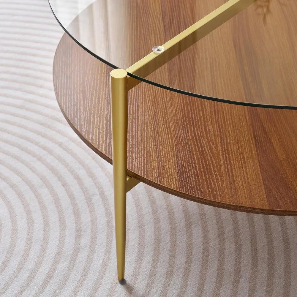 Mid Century Round Coffee Table Tempered Glass Top and Shelf