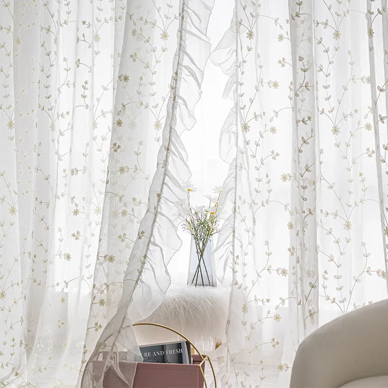 White Embroidered Floral Tulle Sheer Curtains Linen Ruffle Design