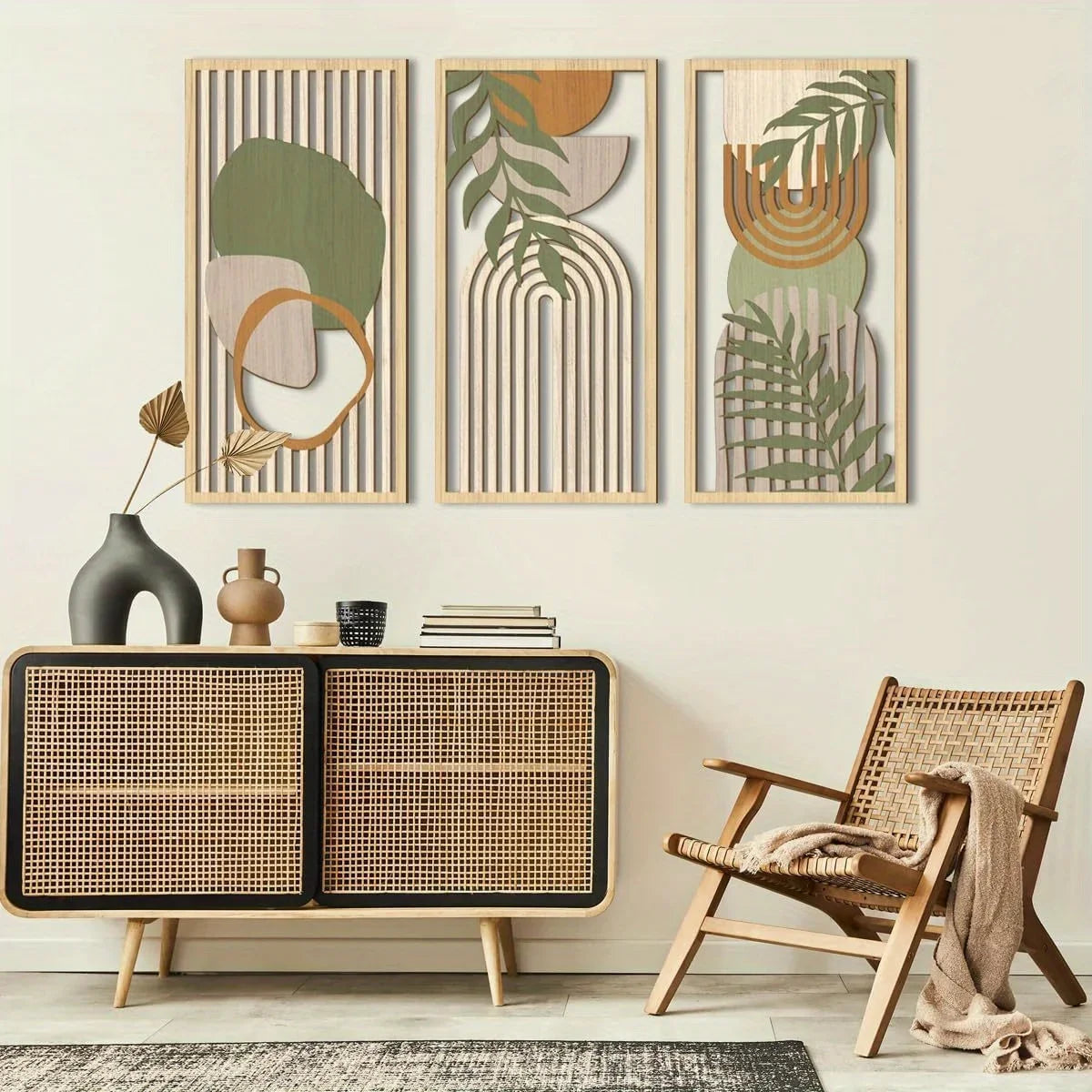 3-Piece Sage Green Abstract Geometric Wooden Wall Art Set