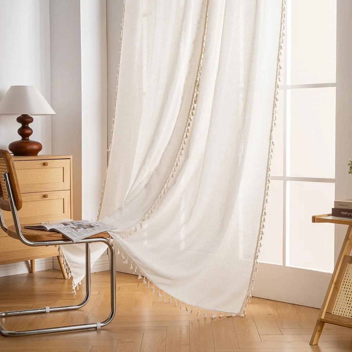 Boho Linen Sheer Curtains with Tassels, Textured French Country Panel