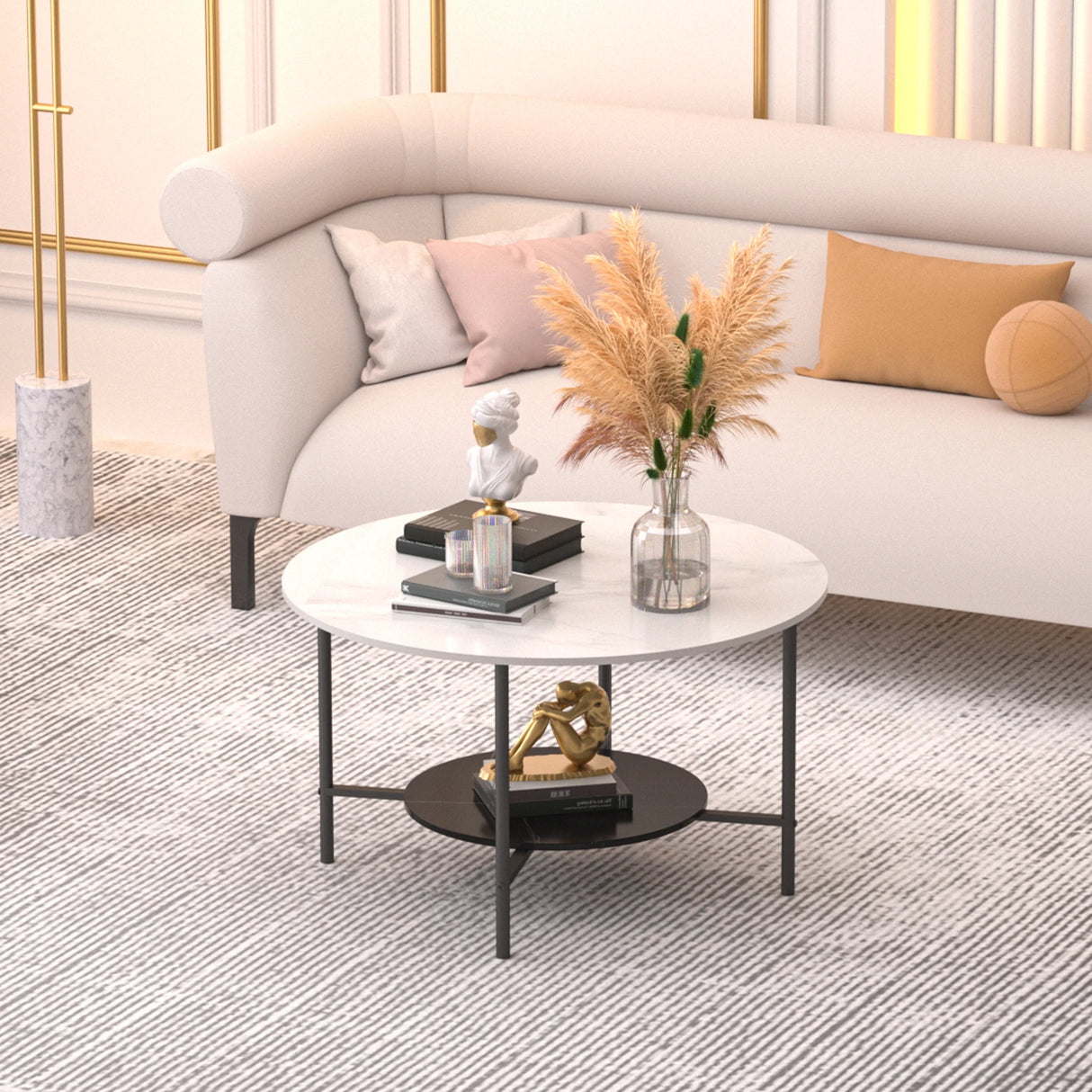 Round Sintered Stone Coffee Table with Two-Tier Black Frame