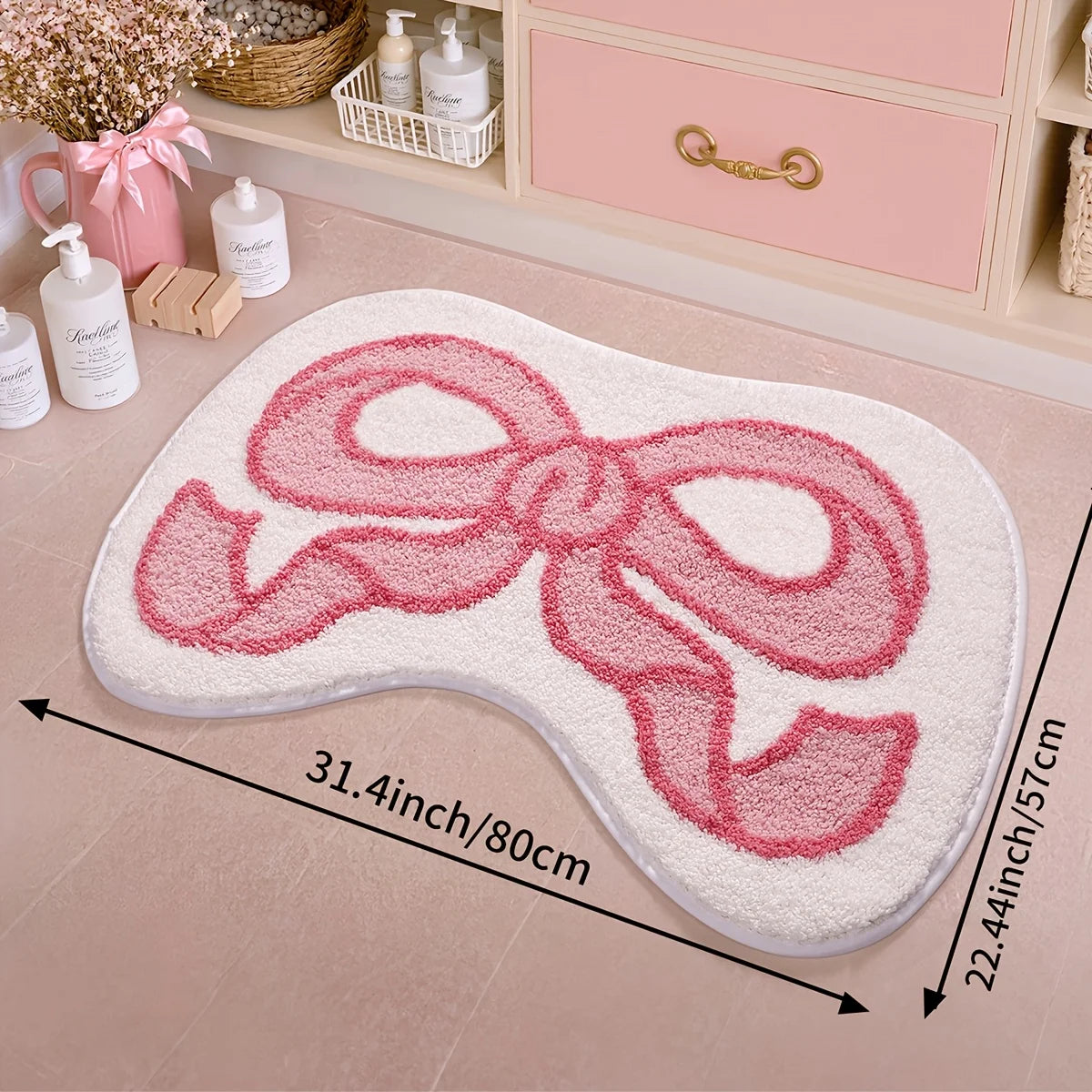 Plush Pink Bow Bath Rug Absorbent Tufted Non-Slip Soft Mat