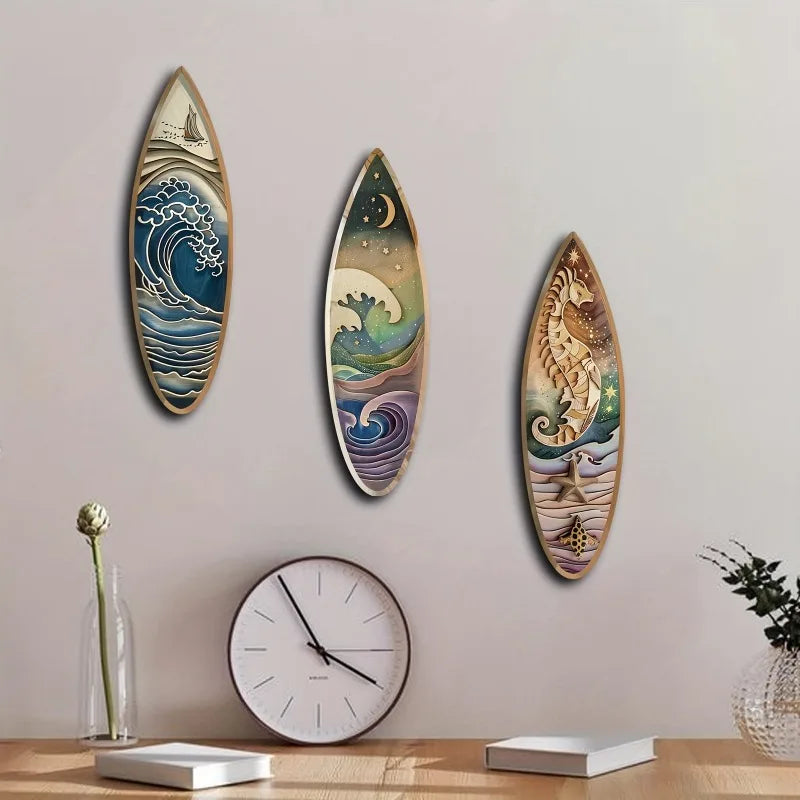 3-Piece Wooden Surfboard Wall Decor Nautical Marlin Wave Art