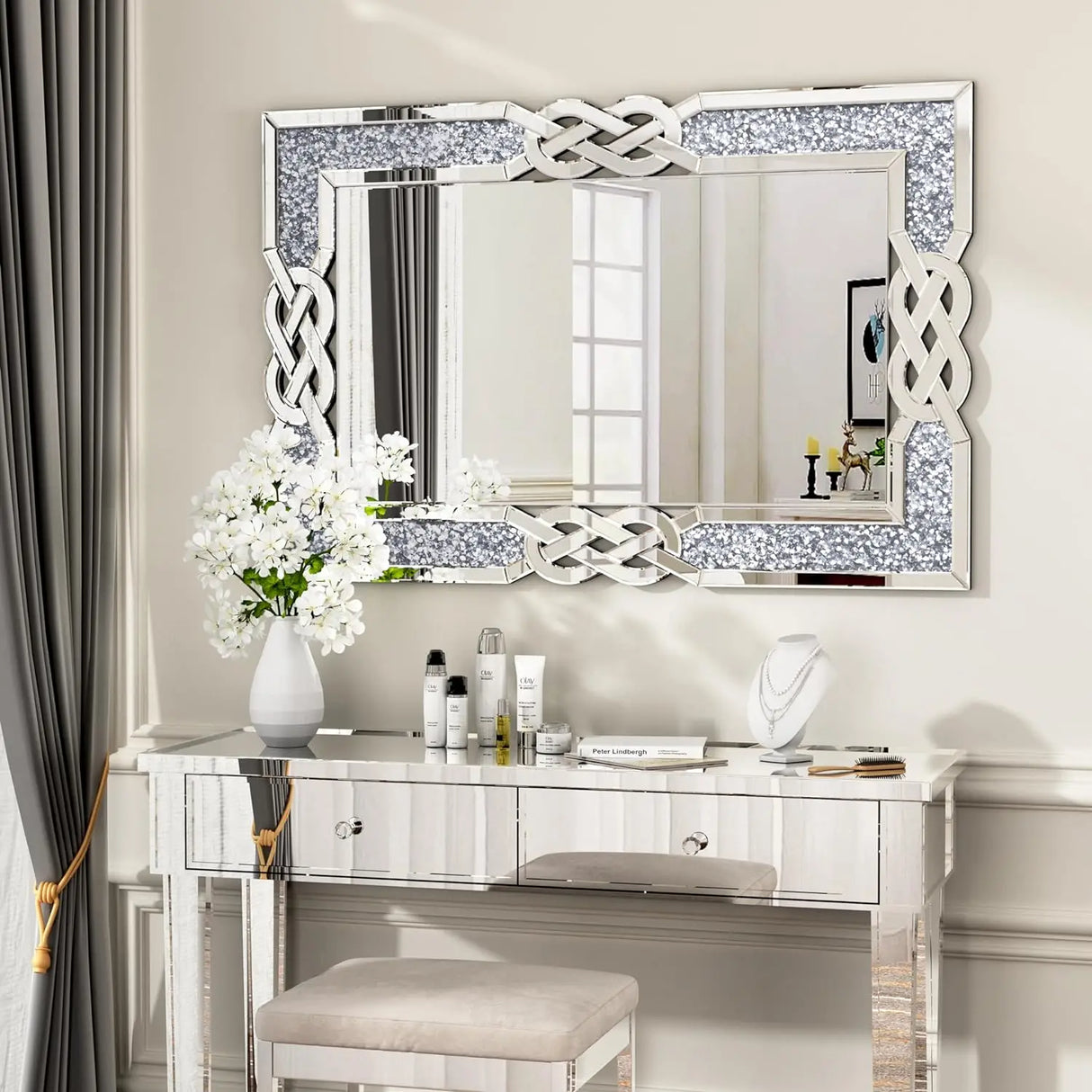 Large Crystal Crush Diamond Mirror Silver Framed Wall Vanity