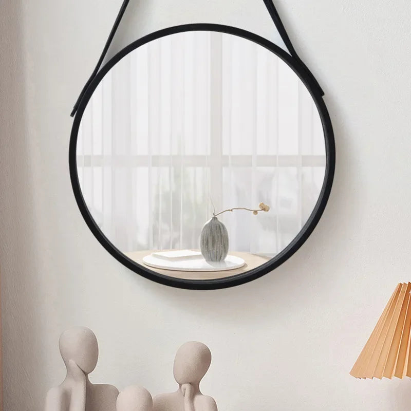 Perforation-Free Round Wall Mirror with Thick Wood Frame Leather Strap