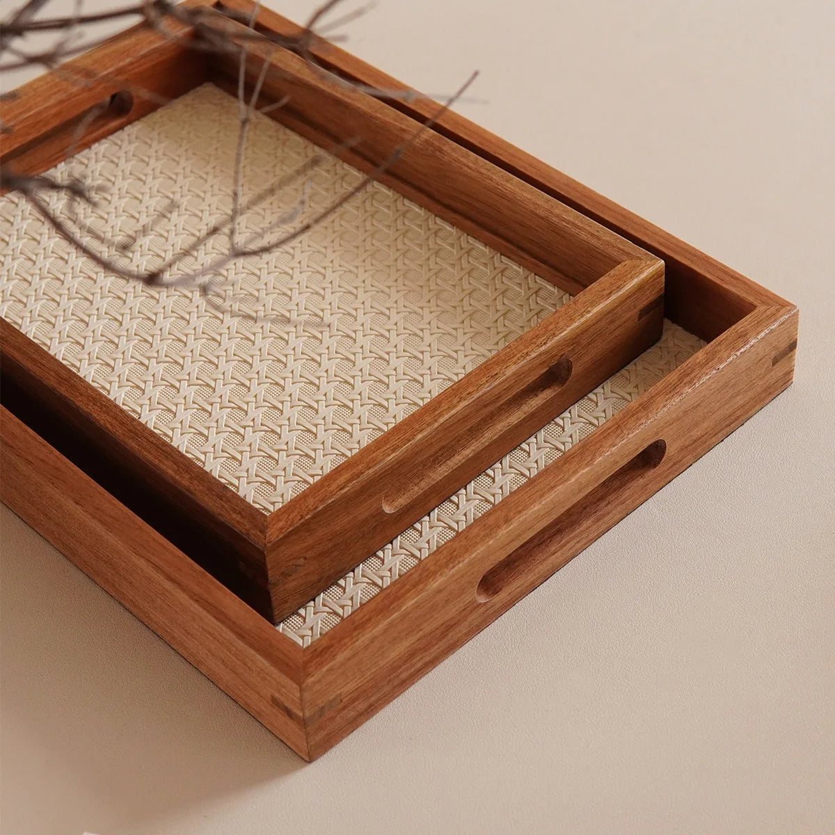 Bamboo Pattern Acacia Wood Leather Jewelry Tray Decorative Storage