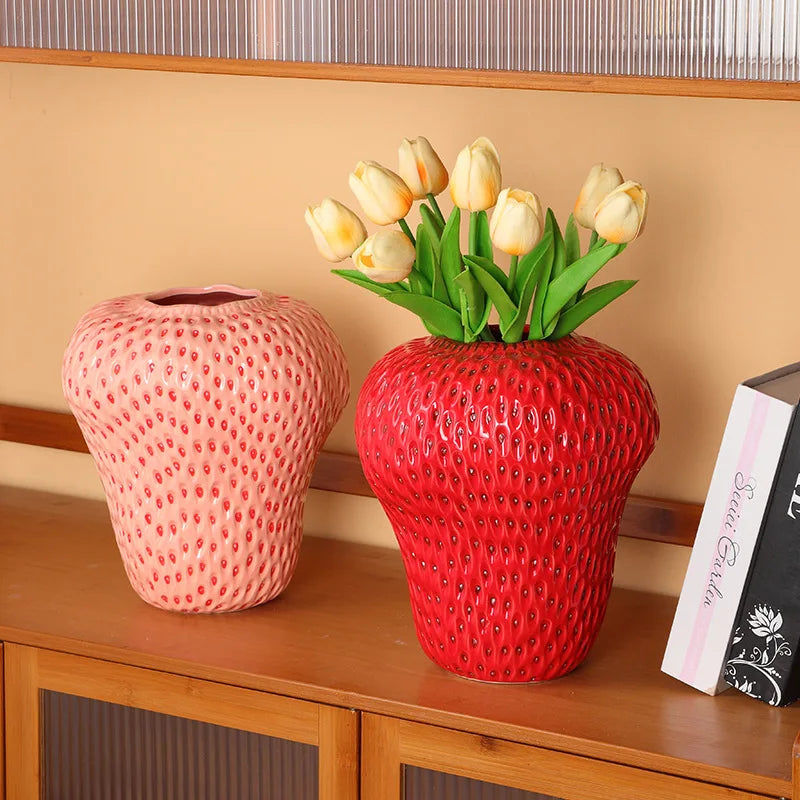 Cute Strawberry Ceramic Vase Kids Room Decorative Flower Pot