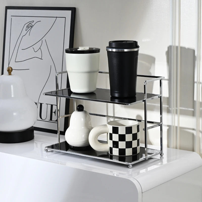 Double‑Layer Desktop Storage Rack with Acrylic Cup & Cosmetic Organizer