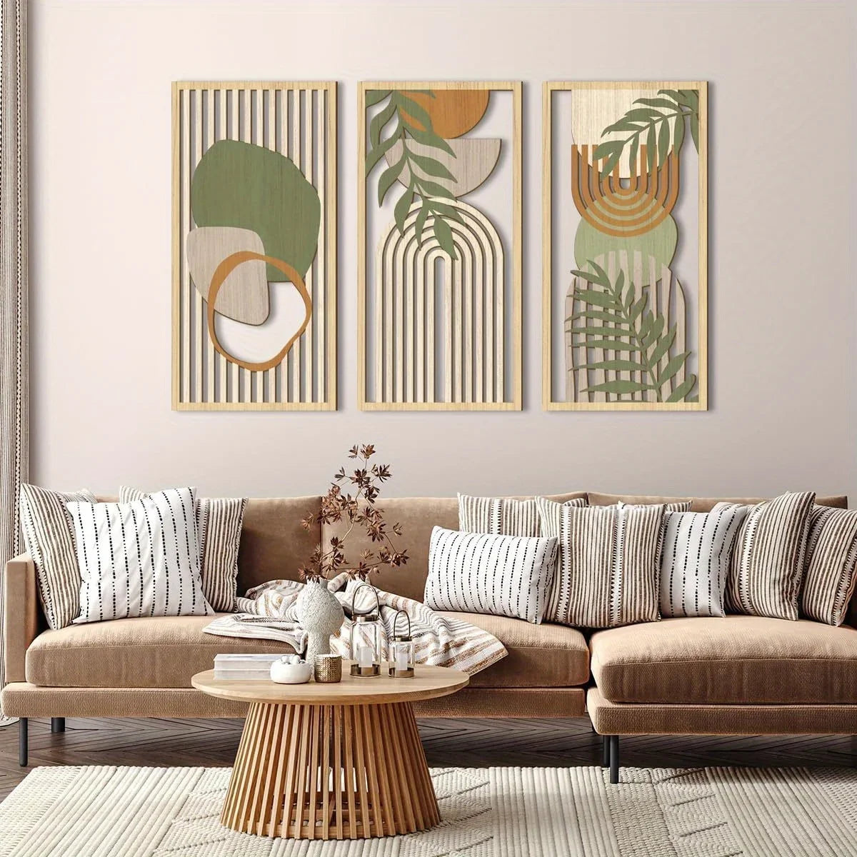 3-Piece Sage Green Abstract Geometric Wooden Wall Art Set