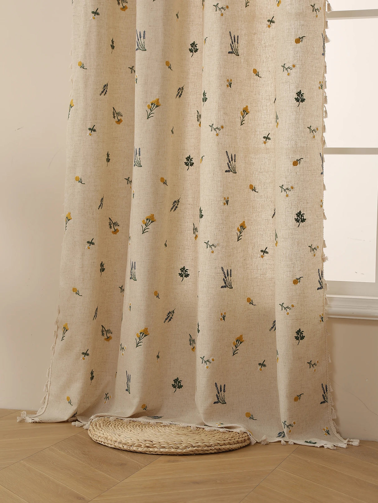 Beige Linen Embroidered Fringe Curtain Panel - Rustic Window Drapery