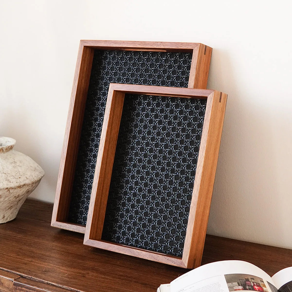 Bamboo Pattern Acacia Wood Leather Jewelry Tray Decorative Storage