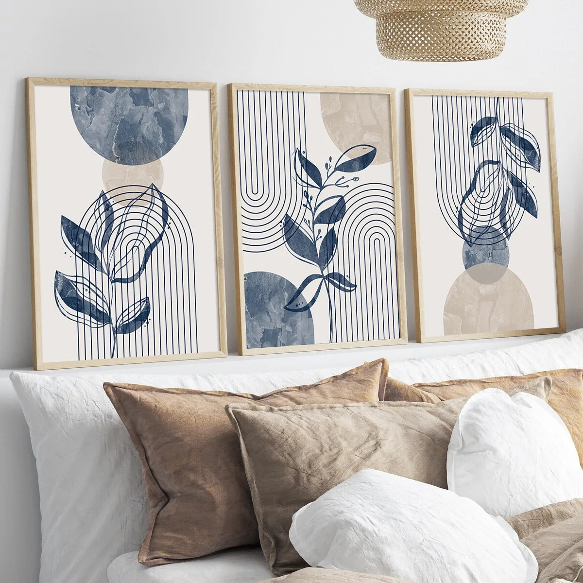 Bohemian Navy Blue Beige Abstract Geometric Plant Wall Art Prints