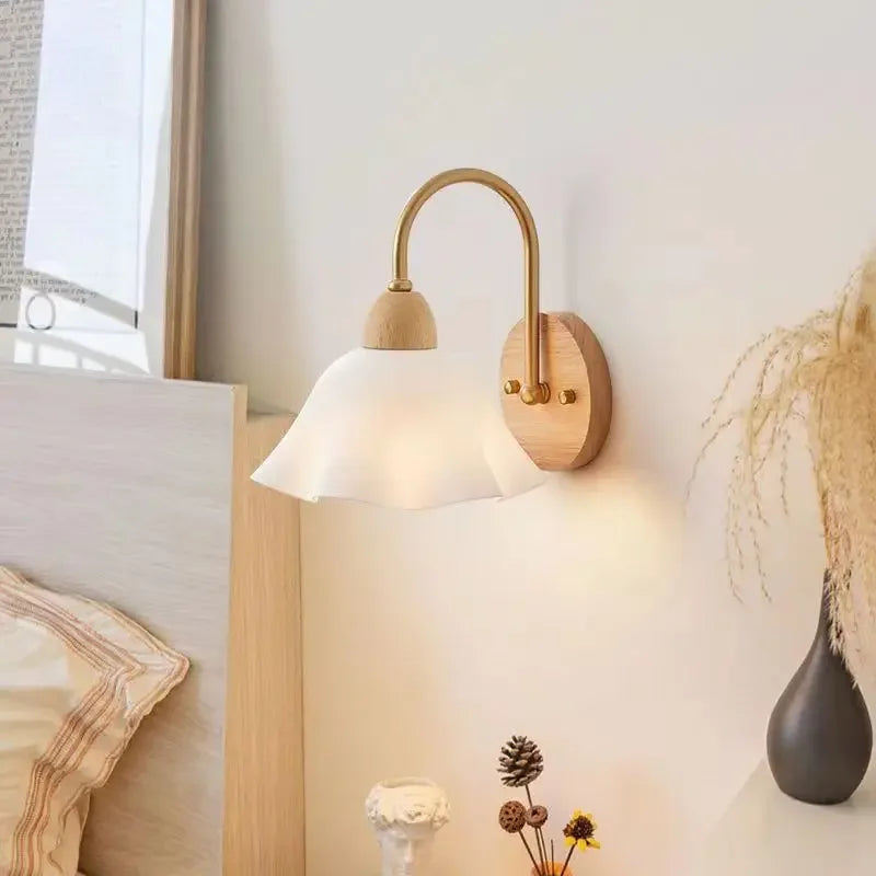 Japanese Wooden Wall Sconce Lamp with Frosted Glass Shade