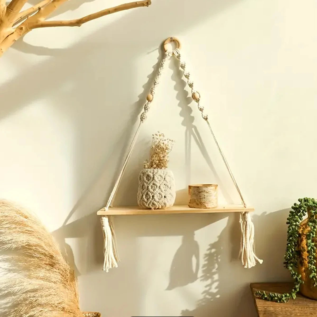 Boho Macrame Rustic Wood Floating Wall Shelf for Home